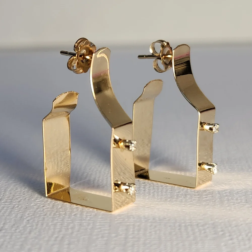 Very VTG Italian 80s 14K Gold Modernist Geometric Hoop & Diamond Earrings 3.30g - Picture 1 of 16